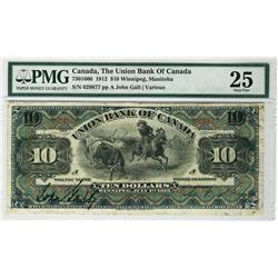 The Union Bank of Canada, 1912 $10 #029877, CH-730-16-06, PMG VF25. A lovely example. Some pinholes.