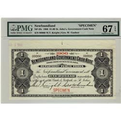 Newfoundland Gov't Cash Note, 1906 $1, NF-5fs Specimen, PMG Superb Gem UNC67EPQ.