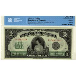 1917 $1 DC-23d #F-567777A, CCCS Gem UNC65.  A bright and attractive example.