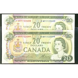 1969 $20 BC-50bA *WV1122599, *WV1122600, a pair of consecutive replacement notes.  One grades AU the