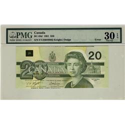 ERROR Note, 1991 $20  BC-58d #EVZ6048982 PMG VF30 EPQ, Misaligned Underprint,