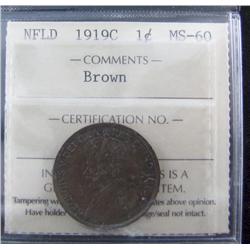 Nfld 1919c 1¢ ICCS MS60BN.