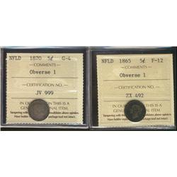 Nfld 1865 5¢ Obv 1 F12 & 1870 Obv 1 G4.  Lot of 2 ICCS coins.
