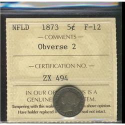 Nfld 1873 5¢ Obv 2 ICCS F12.