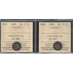 Nfld 1880 & 1881 5¢ ICCS F12.  Lot of 2 coins.