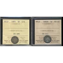Nfld 1882H VG10 & 1885 G6 5¢.  Lot of 2 coins.