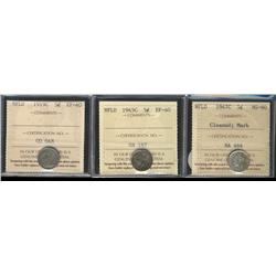Nfld 1919c, 1945c EF40 & 1947c 5¢ MS60 Clnd/Mark.  Lot of 3 coins.