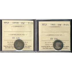 Nfld 1865 & 1872H 10¢ ICCS F15.  Lot of 2 coins.