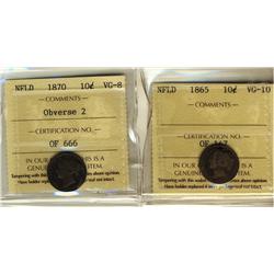 Nfld 1865  10¢ ICCS VG10, 1870  10¢ OBV 2 ICCS VG8,  Lot of 2 coins.