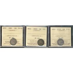 Nfld 1872H F12, 1882H G6 & 1890 VG10 10¢.  Lot of 3 ICCS graded coins.