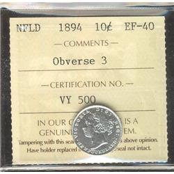 Nfld 1894 10¢ Obv 3 ICCS EF40.