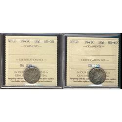 Nfld 1941c MS62 & 1945c AU58 10¢.  Lot of 2 ICCS coins.