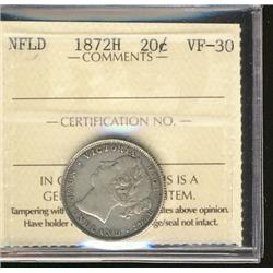 Nfld 1872H 20¢ ICCS VF30.