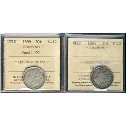 Nfld 1885 & 1899 Sm 99 ICCS F12.  Lot of 2 coins.