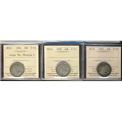 Nfld 1885, 1890 & 1896 Obv Lg96 ICCS F15.  Lot of 3 coins.