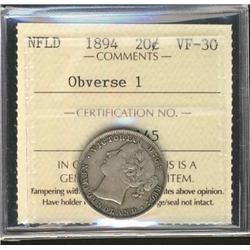 Nfld 1894 20¢ Obv 1 ICCS VF30.