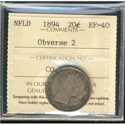 Nfld 1894 20¢ Obv 2 ICCS EF40.