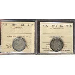 N.B. 1862 20¢ VF20 & 1864 F15.  Lot of 2 ICCS graded coins.