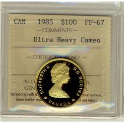 Gold 1985 $100 22kt ICCS PF67 Ultra Heavy Cameo.