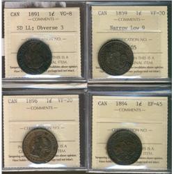 1859 1¢ Nar Low 9 VF30, 1891 SD LL Obv 3 VG8, 1894 EF45 & 1896 VF20.  Lot of 4 ICCS coins.