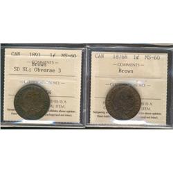 1876H & 1891 1¢ SDSL Obv 3 ICCS MS60BN.  Lot of 2 coins.