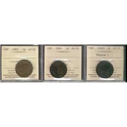 1882H Obv 1, 1894 & 1901 1¢ ICCS AU55.  Lot of 3 coins.