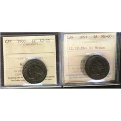 1891 1¢ LL LD Obv 2 MS60 & 1900 AU55.  Lot of 2 ICCS graded coins.
