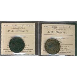 1891 1¢ SD SL Obv 3 VG10 & LL SD Obv 3 F15.  Lot of 2 ICCS coins.