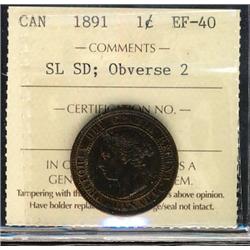 1891 1¢ SLSD Obv 2 ICCS EF40.