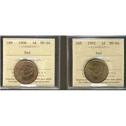 1902 & 1908 1¢ ICCS MS64RD.  Lot of 2 coins.