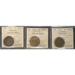 1910 1¢, 1914 & 1916 ICCS MS62.  Lot of 3 coins, RB, Trace Red and lustrous BN respectively.