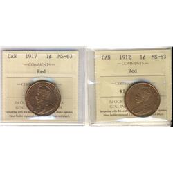 1912 & 1917 1¢ ICCS MS63RD.  Lot of 2 coins.