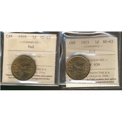 1913 & 1919 1¢ ICCS MS63RD.  Lot of 2 coins.