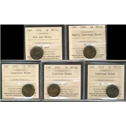 1920, 1932 & 1933(3) 1¢ ICCS MS62.  Lot of 5 coins lustrous brown to RB.