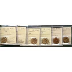 1938, 1939 & 1947 1¢ ICCS MS65RD.  Lot of 6 coins, two of each date.