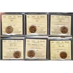 1939, 1950, 1952, 1953 NSF, 1953 NSF Hanging 3 & 1955 1¢ ICCS MS65RD.  Lot of 6 coins.