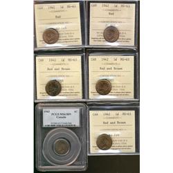 1941, 1942(4) & 1943 1¢ MS63.  Lot of 6 coins all ICCS except 1943 which is PCGS.  A mix or Reds to