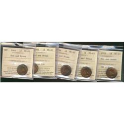 1944(3)& 1953 NSF 1¢ ICCS MS63RB.  Lot of 5 coins.