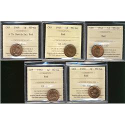 1944, 1945 & 1948 A To, 1950 & 1952 1¢ ICCS MS64RD.  Lot of 5 Coins.