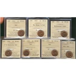 1944, 1947 ML Blt 7, ML Ptd 7, 1948 A To, 1950 & 1952 1¢ ICCS MS64RD.  Lot of 6 Coins.