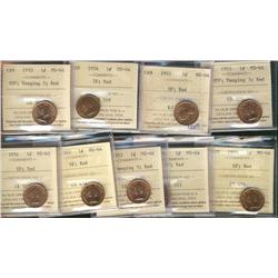 1953 NSF Hanging 3(3), 1954 SF(3) & 1955 SF(3) 1¢ ICCS MS64RD. Lot of 9 coins.
