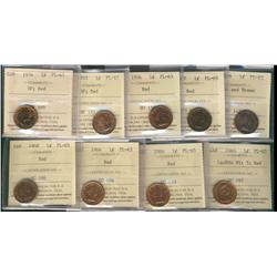 1954 1¢ SF, 1955, 1956, 1957, 1958(2), 1964(2) & 1965 LgBds blt5 1¢ ICCS PL65.  Lot of 9 coins.