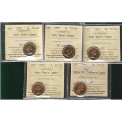 1957, 1961, 1963(2) & 1965 SmBds Blt 1¢ ICCS PL65 Heavy Cameo.  Lot of 5 coins.