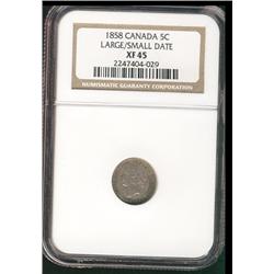 1858 5¢ Lg/Sml date NGC XF45.