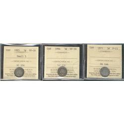 1871 5¢ F15, 1885 Sml 5 & 1894 VF30.  Lot of 3 ICS graded coins.
