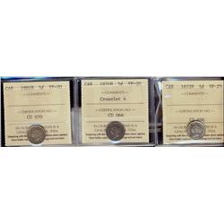 1872H, 1874H Crosslet and 1881H 5¢.  Lot of 3 ICCS graded coins, all VF20.