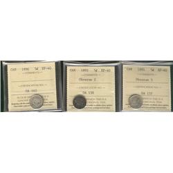 1891 5¢ Obv 5, 1892 Obv 2 & 1896 ICCS EF40.  Lot of 3 coins.