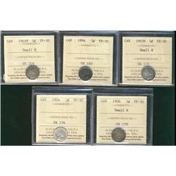 1894, 1903H Sml H(2), 1904 & 1908 Sml 8 5¢ ICCS VF30.  Lot of 5 coins.
