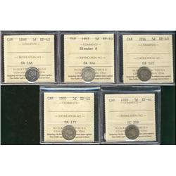1896, 1897 Slender 7, 1898, 1899 & 1901 5¢ ICCS EF40.  Lot of 5 coins.