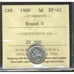 1900 Round O 5¢ ICCS EF45, lustrous and brilliant.
